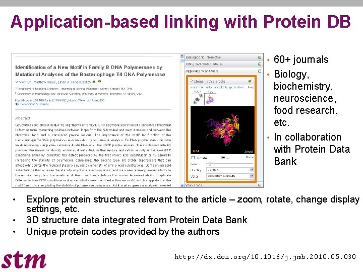 Application-based linking with Protein DB • 60+ journals • Biology, biochemistry, neuroscience, food research,