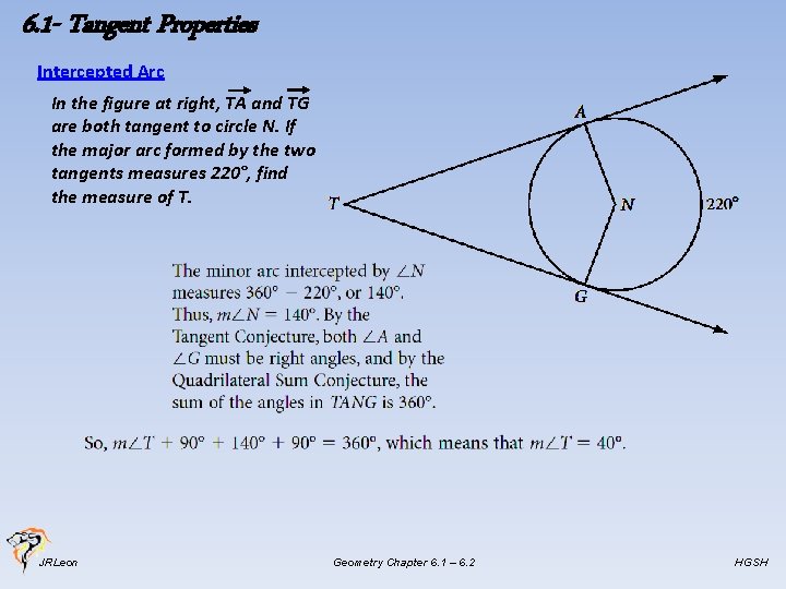 6. 1 - Tangent Properties Intercepted Arc In the figure at right, TA and
