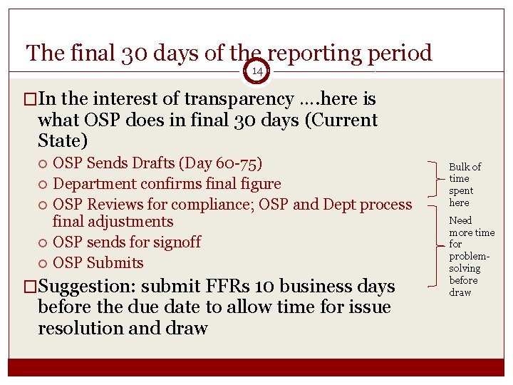 The final 30 days of the reporting period 14 �In the interest of transparency