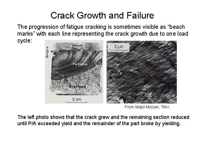 Crack Growth and Failure The progression of fatigue cracking is sometimes visible as “beach