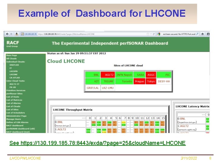 Example of Dashboard for LHCONE See https: //130. 199. 185. 78: 8443/exda/? page=25&cloud. Name=LHCONE