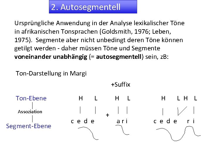 2. Autosegmentell Ursprüngliche Anwendung in der Analyse lexikalischer Töne in afrikanischen Tonsprachen (Goldsmith, 1976;