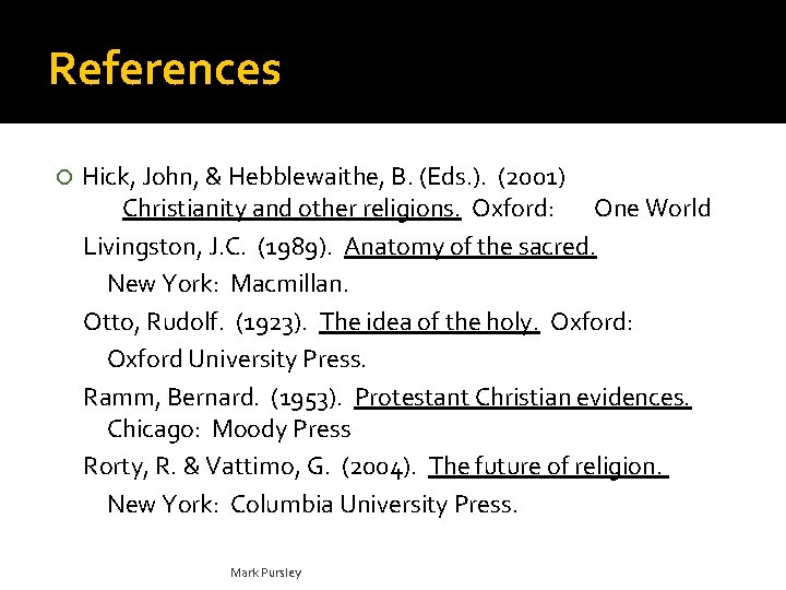 References Hick, John, & Hebblewaithe, B. (Eds. ). (2001) Christianity and other religions. Oxford: