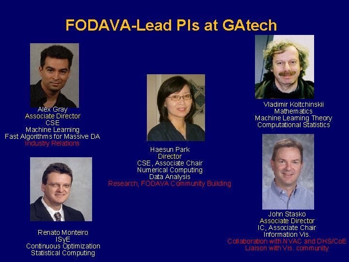 FODAVA-Lead PIs at GAtech Alex Gray Associate Director CSE Machine Learning Fast Algorithms for