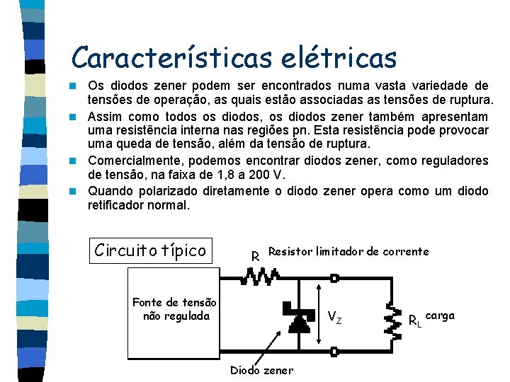 Características elétricas Os diodos zener podem ser encontrados numa vasta variedade de tensões de