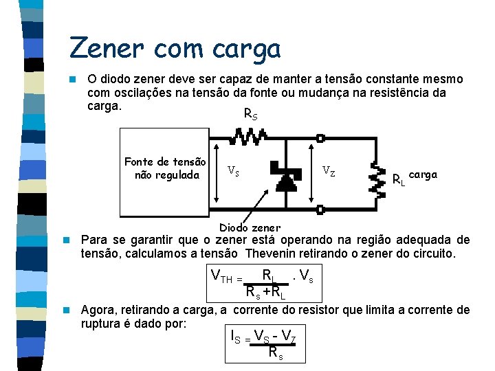 Zener com carga n O diodo zener deve ser capaz de manter a tensão