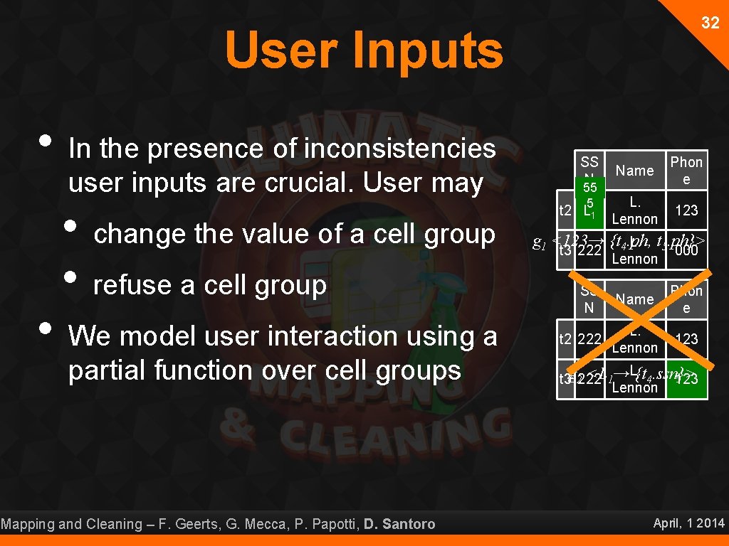 32 User Inputs • • In the presence of inconsistencies user inputs are crucial.