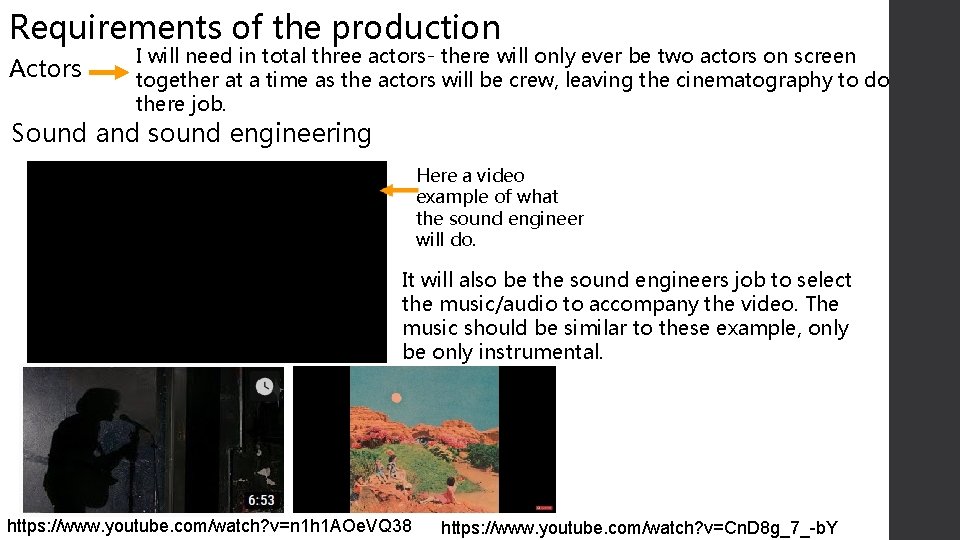 Requirements of the production Actors I will need in total three actors- there will