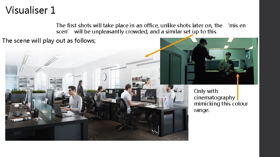 Visualiser 1 The first shots will take place in an office, unlike shots later