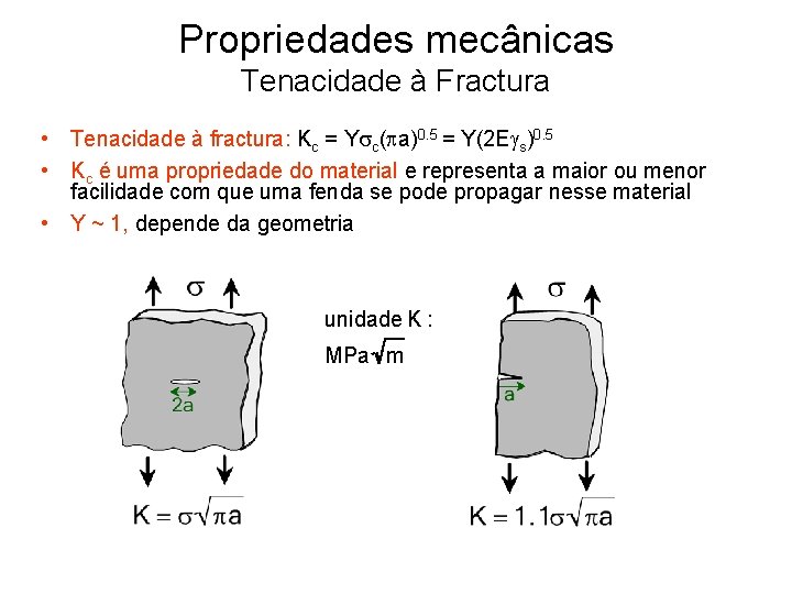 Propriedades mecânicas Tenacidade à Fractura • Tenacidade à fractura: Kc = Ysc(pa)0. 5 =