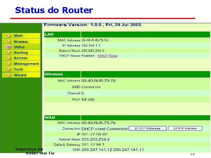 Status do Router Segurança em Redes sem Fio 28 