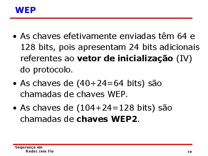 WEP • As chaves efetivamente enviadas têm 64 e 128 bits, pois apresentam 24