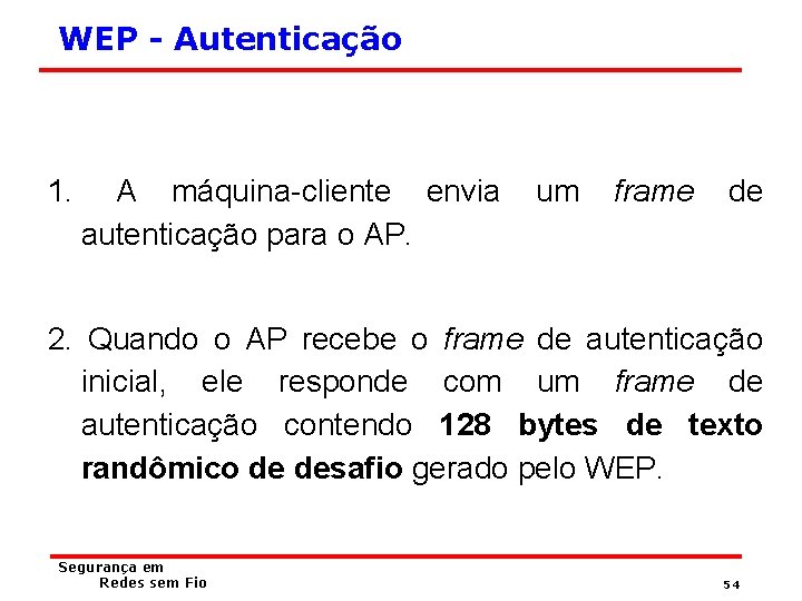 WEP - Autenticação 1. A máquina-cliente envia autenticação para o AP. um frame de