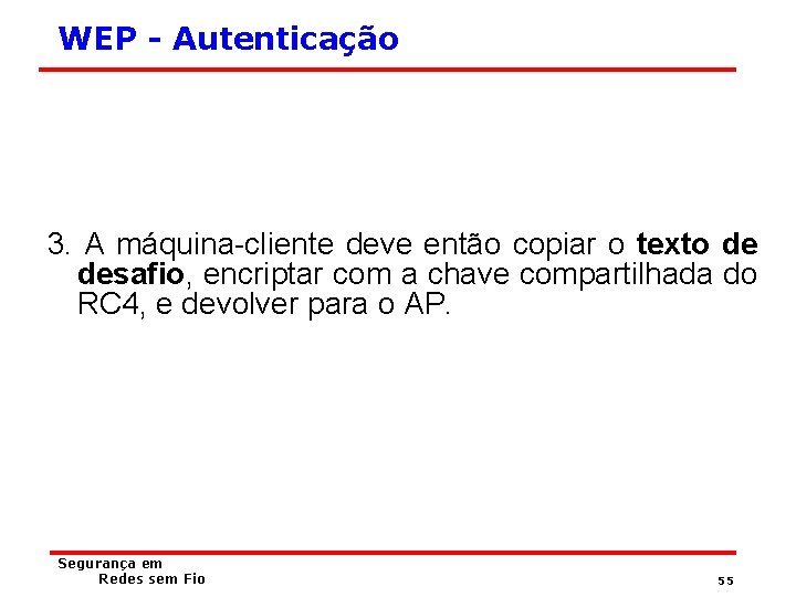 WEP - Autenticação 3. A máquina-cliente deve então copiar o texto de desafio, encriptar