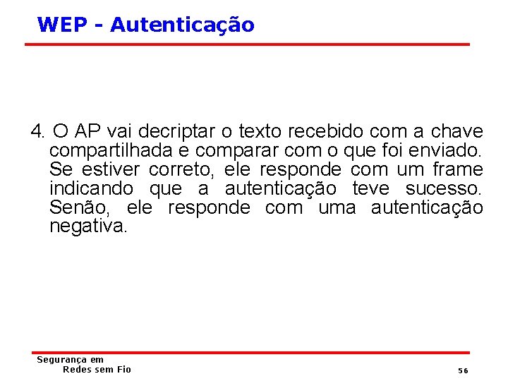 WEP - Autenticação 4. O AP vai decriptar o texto recebido com a chave