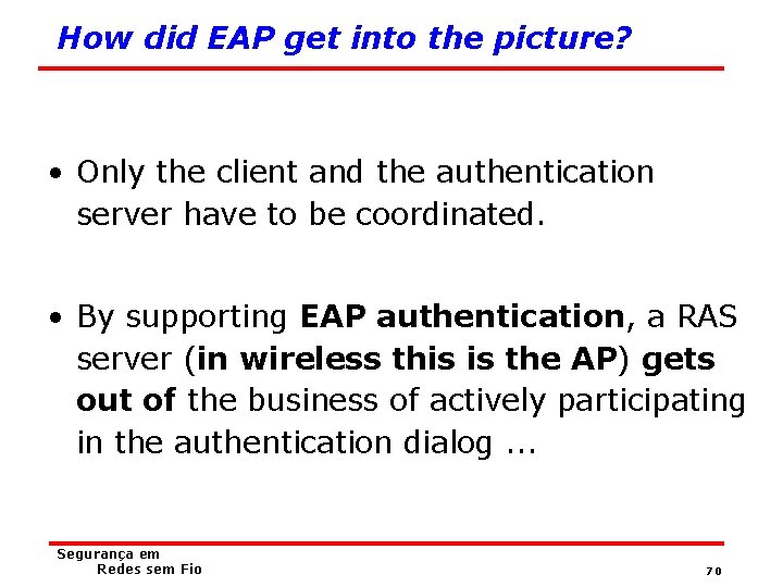 How did EAP get into the picture? • Only the client and the authentication