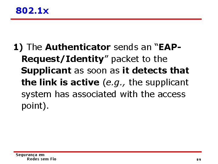 802. 1 x 1) The Authenticator sends an “EAPRequest/Identity” packet to the Supplicant as