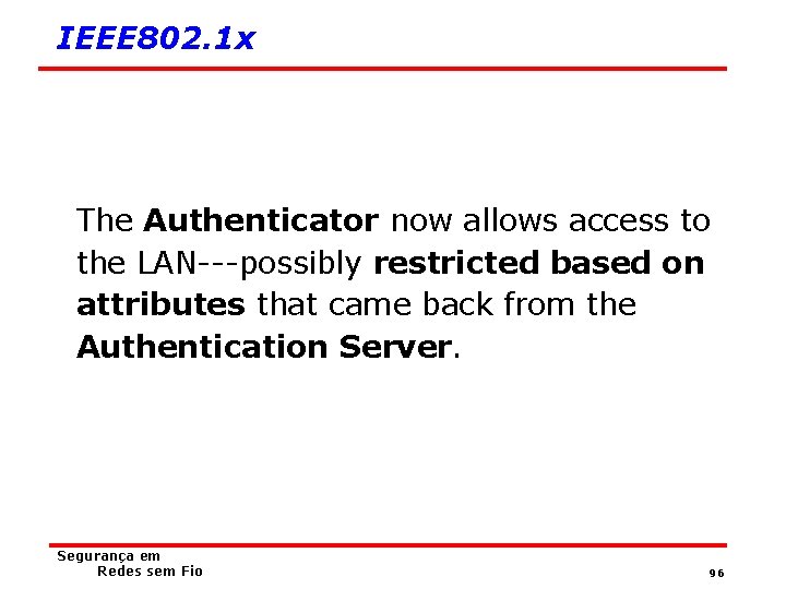 IEEE 802. 1 x The Authenticator now allows access to the LAN---possibly restricted based