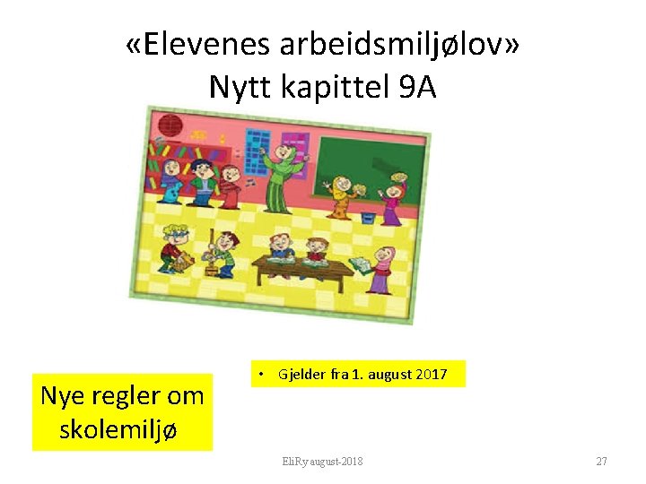  «Elevenes arbeidsmiljølov» Nytt kapittel 9 A Nye regler om skolemiljø • Gjelder fra