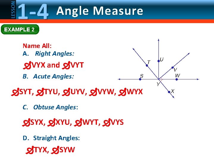 LESSON 1 -4 Angle Measure EXAMPLE 2 Name All: A. Right Angles: VYX and