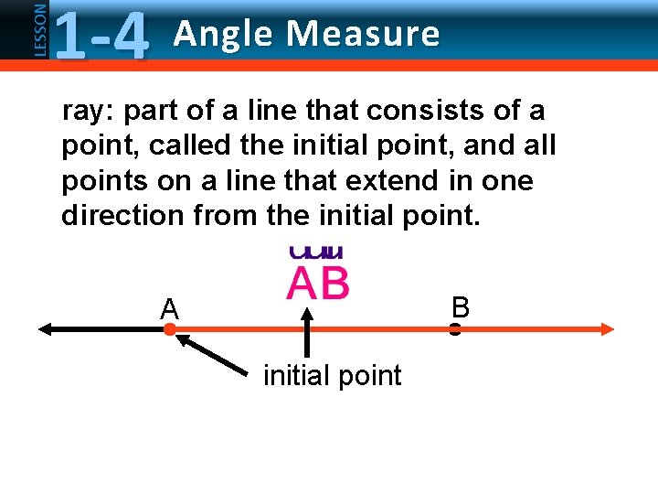 LESSON 1 -4 Angle Measure ray: part of a line that consists of a
