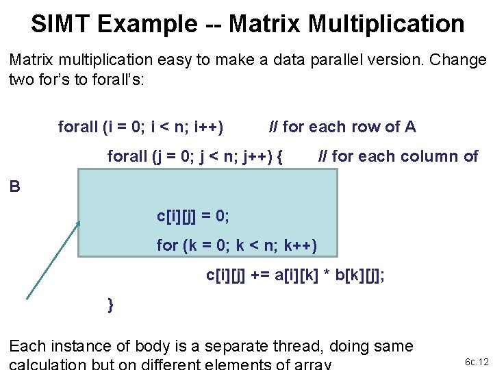 SIMT Example -- Matrix Multiplication Matrix multiplication easy to make a data parallel version.