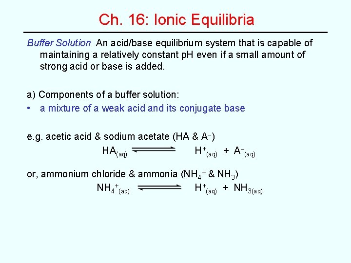 Ch. 16: Ionic Equilibria Buffer Solution An acid/base equilibrium system that is capable of