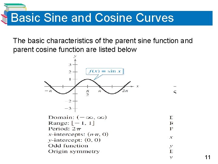 Basic Sine and Cosine Curves The basic characteristics of the parent sine function and