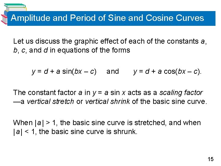 Amplitude and Period of Sine and Cosine Curves Let us discuss the graphic effect