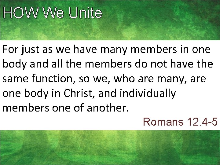 HOW We Unite For just as we have many members in one body and