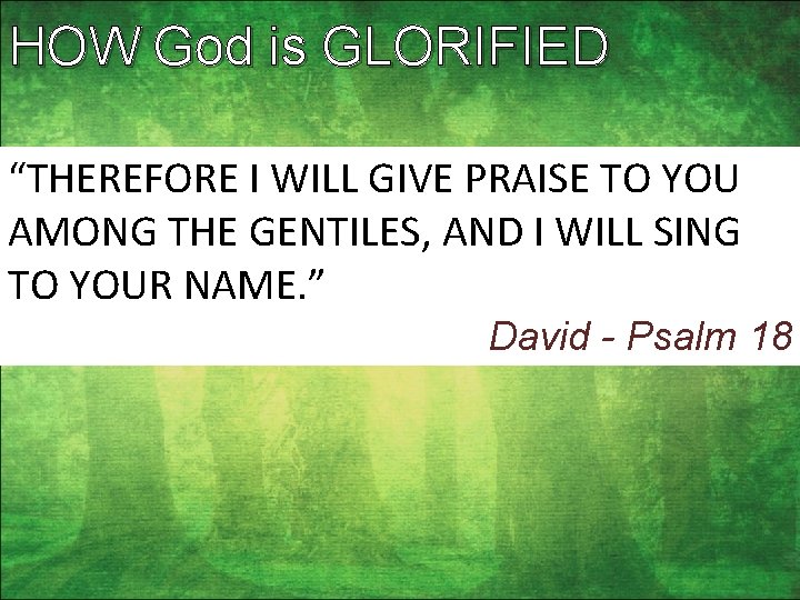 HOW God is GLORIFIED “THEREFORE I WILL GIVE PRAISE TO YOU AMONG THE GENTILES,