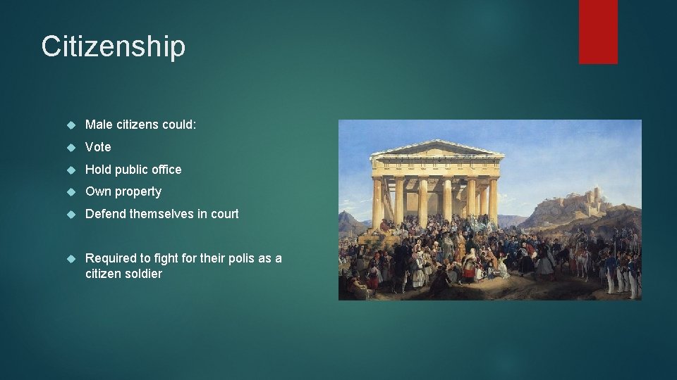 Citizenship Male citizens could: Vote Hold public office Own property Defend themselves in court