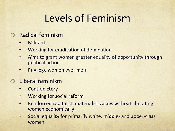Levels of Feminism Radical feminism • • Militant Working for eradication of domination Aims