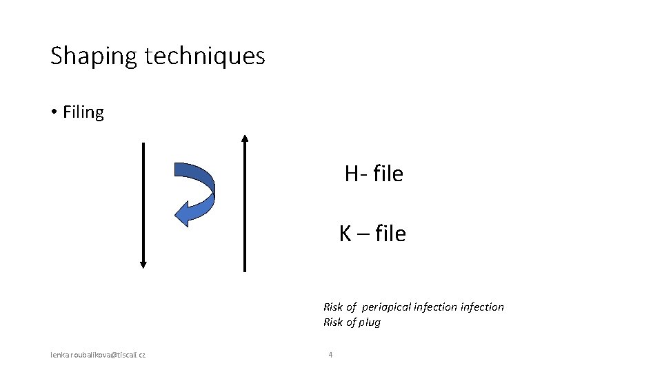 Shaping techniques • Filing H- file K – file Risk of periapical infection Risk