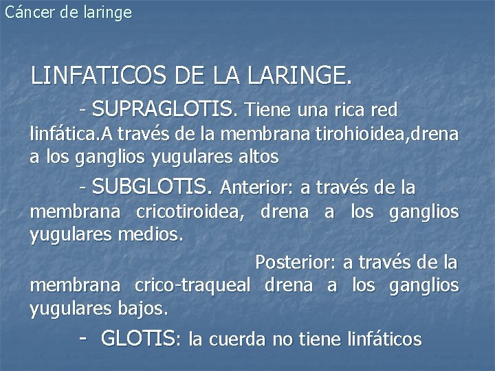 Cáncer de laringe LINFATICOS DE LA LARINGE. - SUPRAGLOTIS. Tiene una rica red linfática.