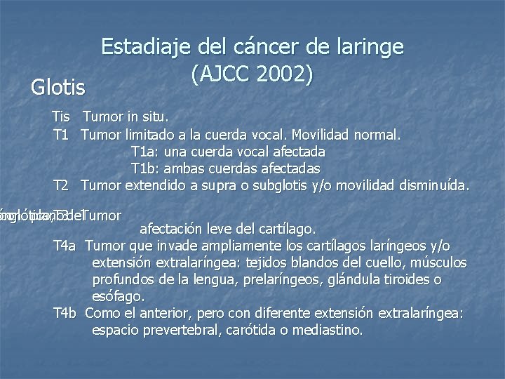 Glotis Estadiaje del cáncer de laringe (AJCC 2002) Tis Tumor in situ. T 1