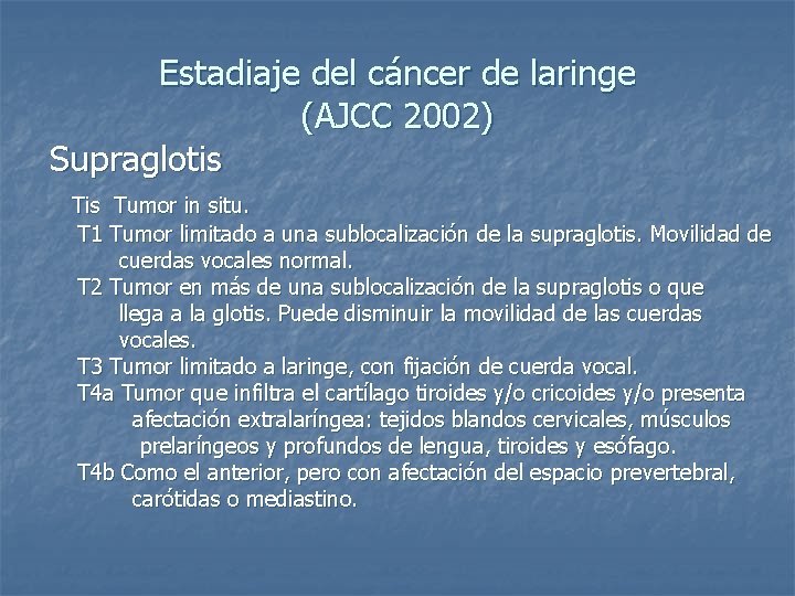 Estadiaje del cáncer de laringe (AJCC 2002) Supraglotis Tumor in situ. T 1 Tumor