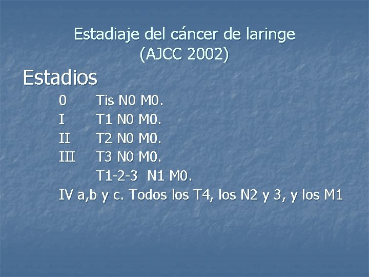 Estadiaje del cáncer de laringe (AJCC 2002) Estadios 0 I II III Tis N