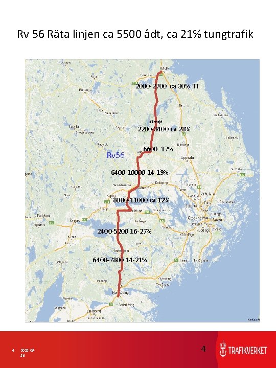 Rv 56 Räta linjen ca 5500 ådt, ca 21% tungtrafik 2000 -2700 ca 30%