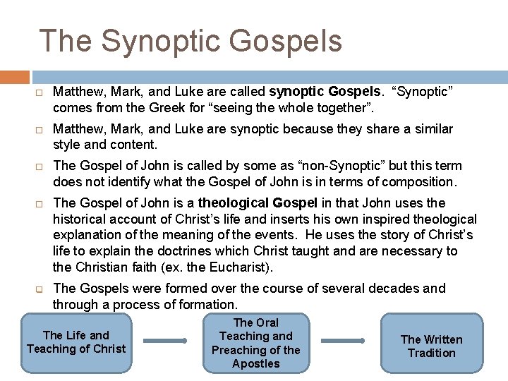 The Synoptic Gospels q Matthew, Mark, and Luke are called synoptic Gospels. “Synoptic” comes