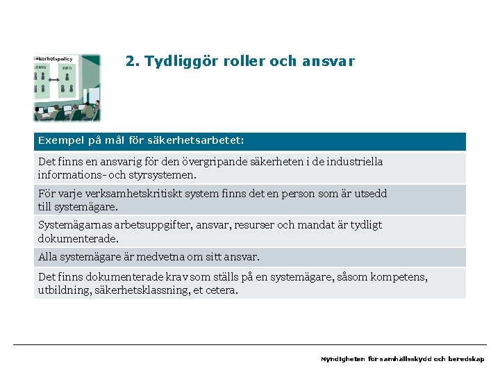 2. Tydliggör roller och ansvar Exempel på mål för säkerhetsarbetet: Det finns en ansvarig