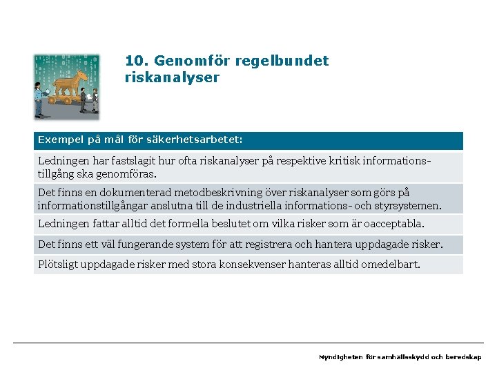 10. Genomför regelbundet riskanalyser Exempel på mål för säkerhetsarbetet: Ledningen har fastslagit hur ofta