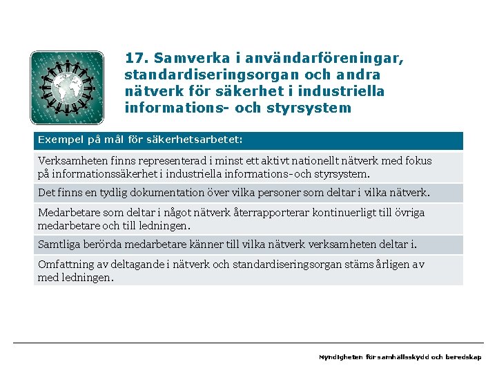 17. Samverka i användarföreningar, standardiseringsorgan och andra nätverk för säkerhet i industriella informations- och