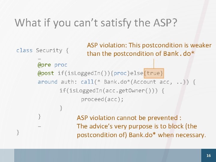 What if you can’t satisfy the ASP? ASP violation: This postcondition is weaker than