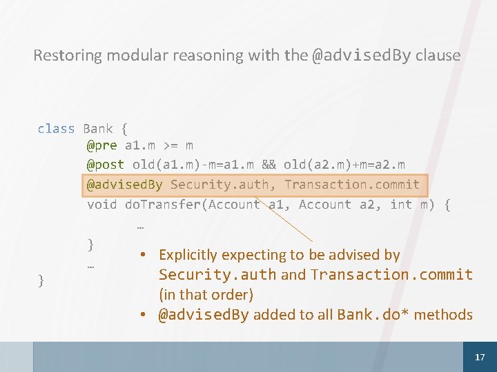 Restoring modular reasoning with the @advised. By clause class Bank { @pre a 1.