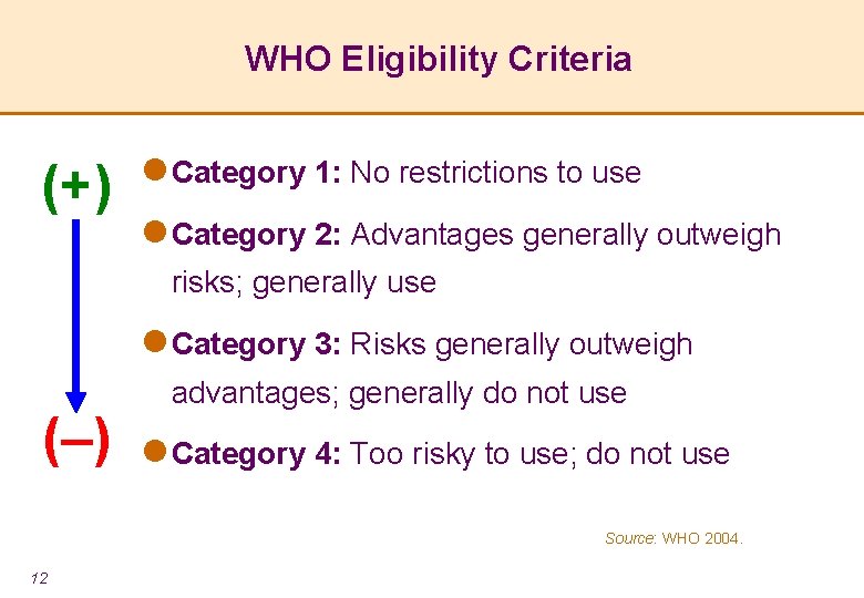 WHO Eligibility Criteria (+) l Category 1: No restrictions to use l Category 2:
