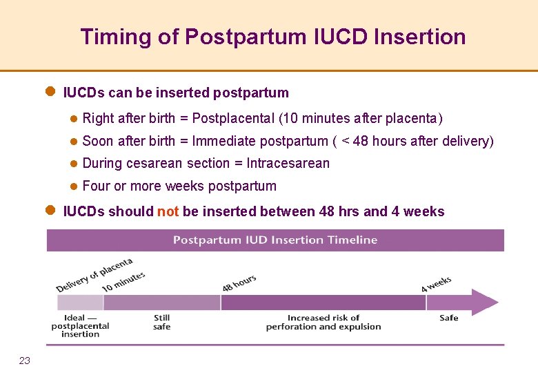Timing of Postpartum IUCD Insertion l IUCDs can be inserted postpartum l Right after