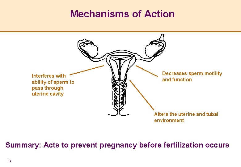 Mechanisms of Action Interferes with ability of sperm to pass through uterine cavity Decreases