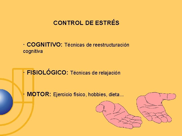 CONTROL DE ESTRÉS · COGNITIVO: Técnicas de reestructuración cognitiva · FISIOLÓGICO: Técnicas de relajación