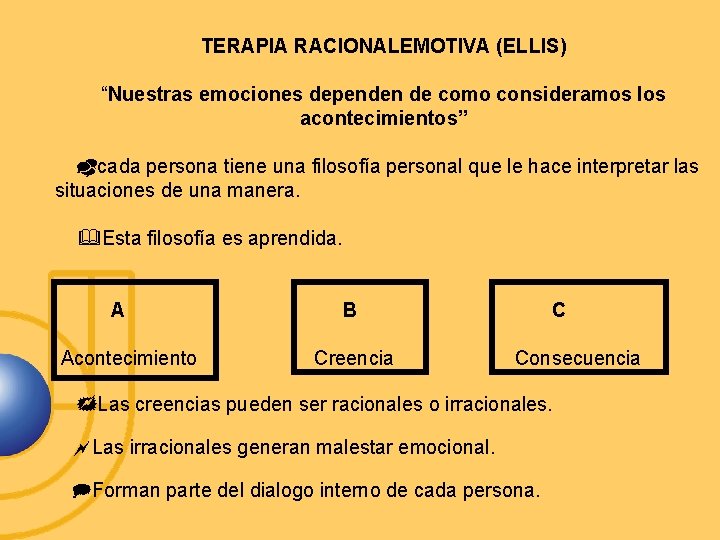 TERAPIA RACIONALEMOTIVA (ELLIS) “Nuestras emociones dependen de como consideramos los acontecimientos” cada persona tiene